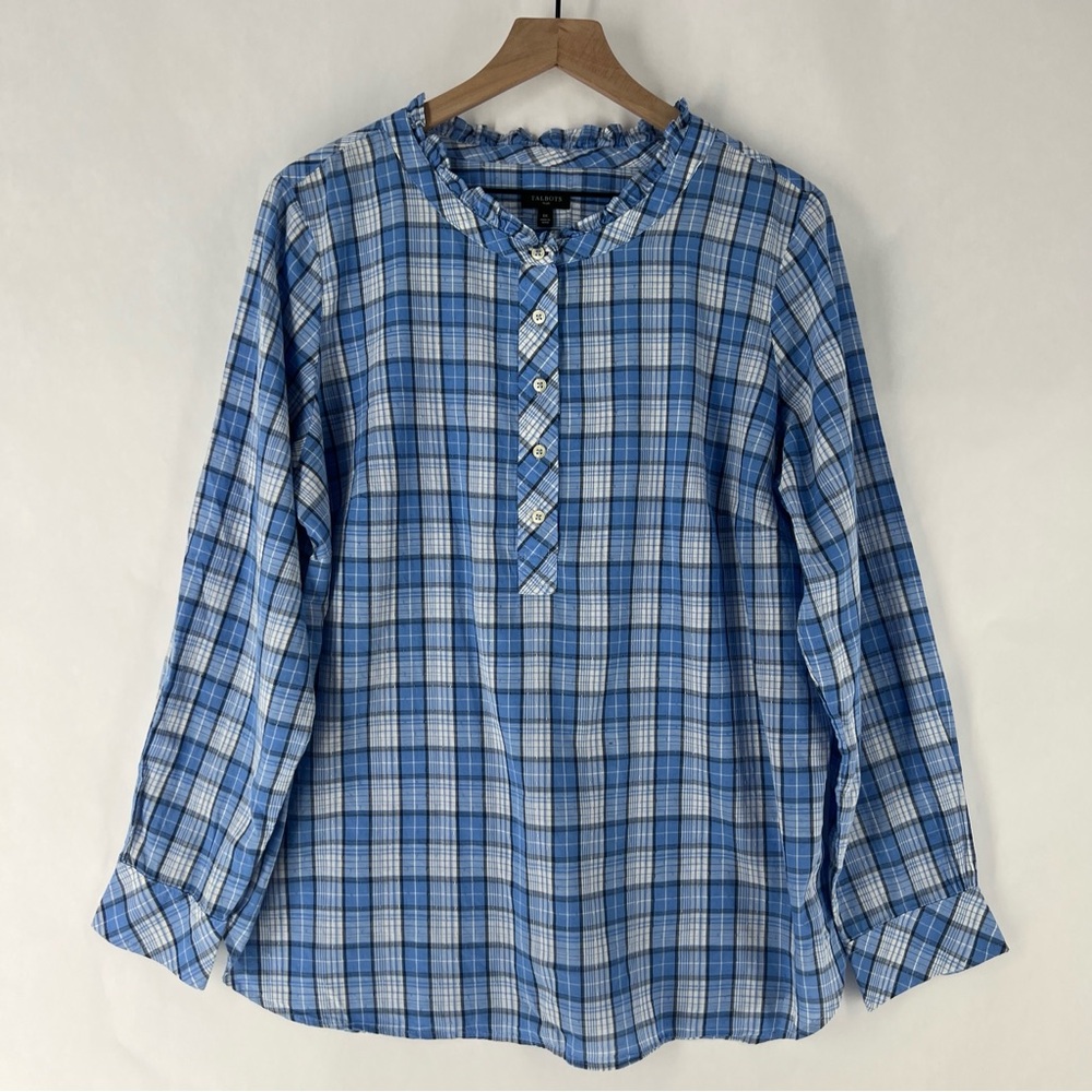 Talbots Blue Checkered Plaid Cotton Casual Ruffle Neck Long Sleeve Popover Shirt